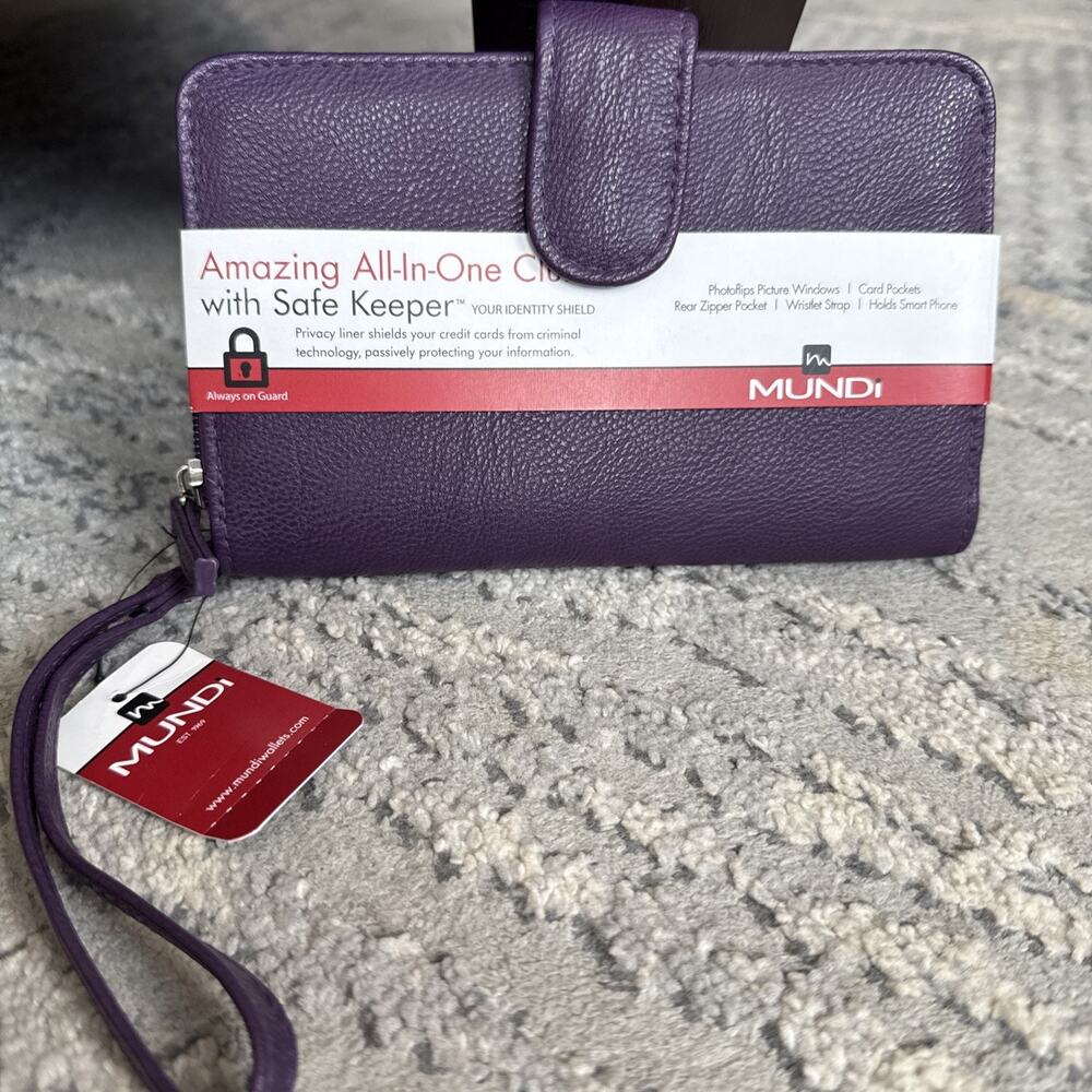 Mundi All In One Purple Clutch Safe Keeper Zipper Photos Card Slots Wrist Strap